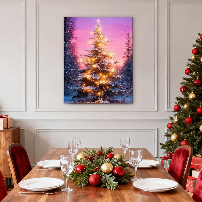 Framed Christmas Pictures Wall Decor,Vintage Pine Tree Prints,Winter Christmas Canvas Wall Art Decoration for Bedroom Bathroom Living Room Rustic Xmas Holiday Gifts (Christmas Tree 18, 16'' X 20'')