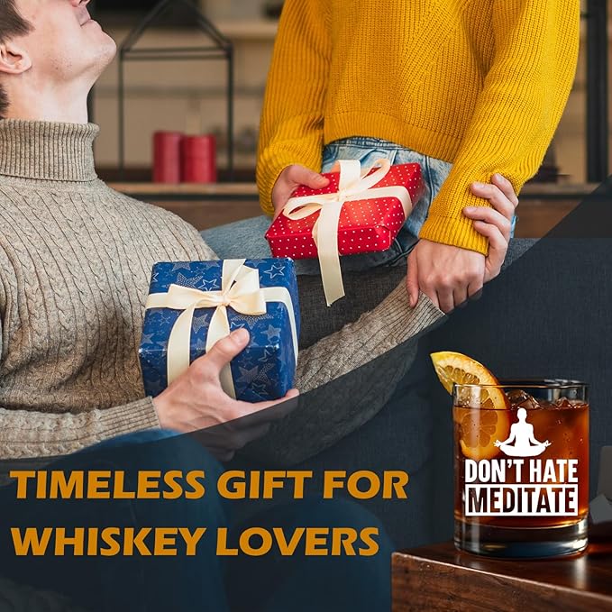 Meditation Lovers Gifts Old Fashioned Whiskey Glasses, Relaxing Meditation Gifts, Don't Hate Meditate 10 oz Rocks Barware Cup for Cocktail Drinks Scotch Bourbon Liquor
