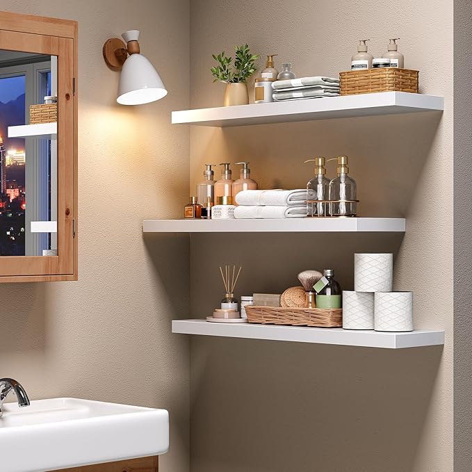 HOOBRO Floating Shelves for Wall, Wall Mounted Shelf Set of 2, 31.5" Hanging Shelf with Invisible Brackets, for Wall in Bathroom, Bedroom, Toilet, Kitchen, Living Room, Office, White WT80BJP201