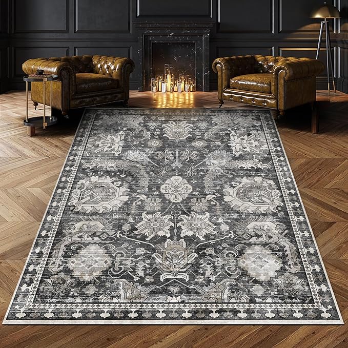 RUGSURE Washable Area Rugs - Perfect for Living Room, Bedroom, Kids Room, Nursery - Stain & Water Resistant Non-Slip, Pet & Child Friendly, Vintage Tribal Area Rugs (Grey, 8' x 10')