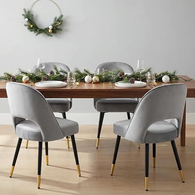 LukeAlon Modern Velvet Dining Chairs Set of 2, Upholstered Open Back Kitchen Chairs with Metal Legs Armless Side Chairs Mid Century Parsons Chair for Dining Room, Grey