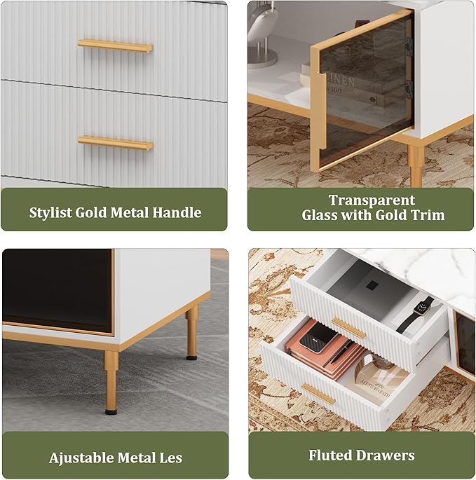 Modern White Coffee Table with Gold Metal Legs for Living Room - Large Center Table with 2 Glass Door Storage & 4 Drawers, Sintered Stone Table Top for Reception Room White