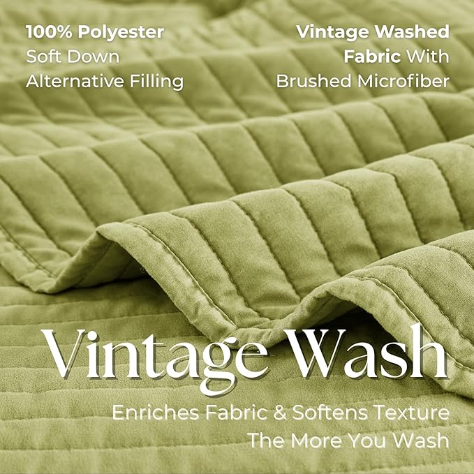 DOWN HOME Twin Quilt Bedding Set with Sham, Vintage Washed Soft Quilted Blanket Thin Comforter Lightweight Bedspread Coverlet Bed Cover, Brushed Microfiber Stripe Stitching, Golden Olive, 66"x92"