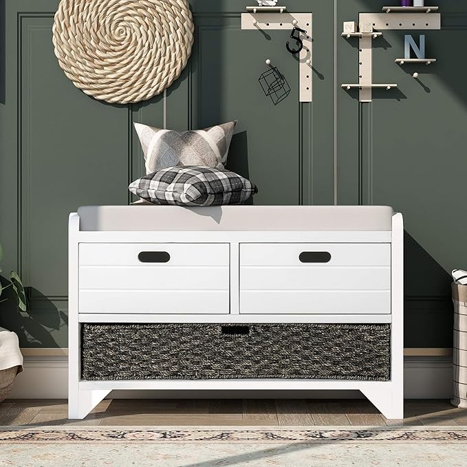 Fully Assembled Storage Bench with Cushioned Seat, 2 Drawers & Removable Basket, Solid Wood Entryway Shoe Bench for Bedroom, Hallway, Living Room (White)