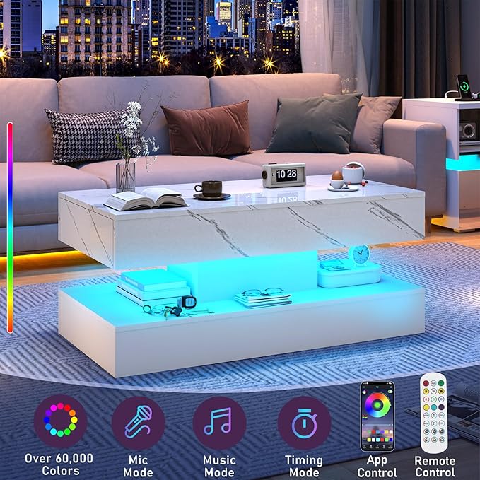 39.4" Large High-Glossy LED Coffee Table with 2 Sliding Drawers, Living Room Storage Coffee Tables with Marbling Print, Modern Stylish Double-Layer Center Tables w/LED Lights, White