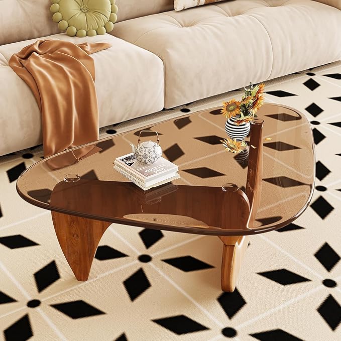 Coffee Table for Living Room Mid Century Modern Center Table with Glass Top and Wood, Brown/Walnut