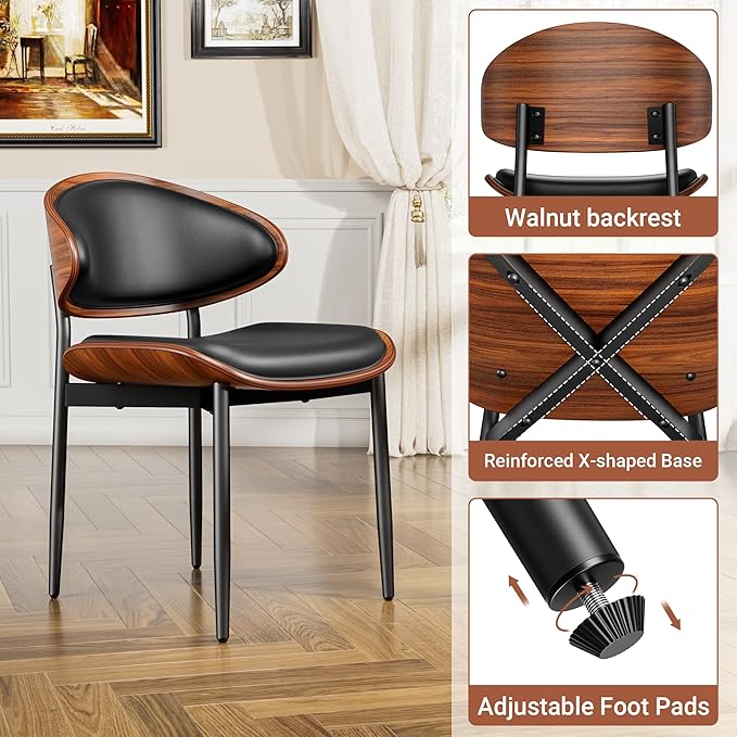 Dining Chairs Set of 6, Dining Room and Kitchen Chairs, Mid Century Modern Retro Chair, Upholstered PU Leather Chairs for Vanity with Walnut Bentwood and Metal Legs (Black)