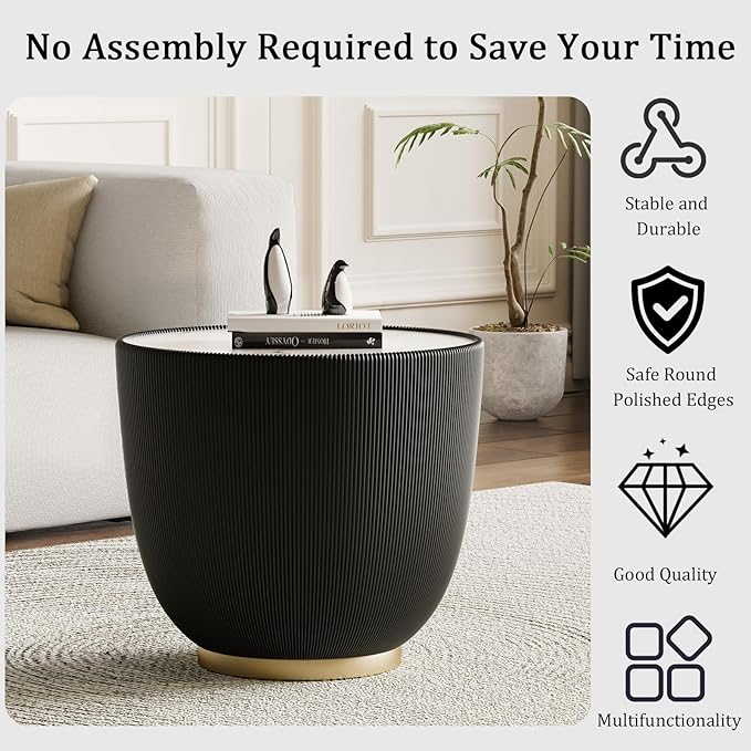 Round Coffee Table Set with Sintered Stone Tabletop, 27.56" Grey Drum Center Table and 19.69" Black Coffee Table Set, 2 Pieces Living Room Table Set with Fluted PU Leather Cover& Metal Base