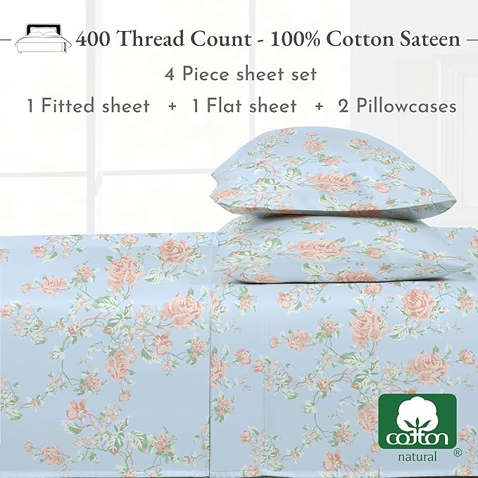 California Design Den Floral Printed Queen Sheet Set - 400 Thread Count Sateen, Natural 100% Cotton Sheets Queen Size Bed Set, Deep Pockets, Cooling and Durable Bedding - Antique Rose