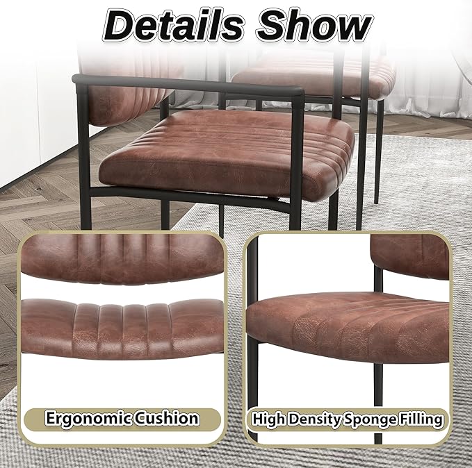 Mid-Century Modern PU Leather Dining Chairs Set of 2, Upholstered Kitchen Chairs with Arms and Metal Legs Adjustable Feet for Kitchen Dining Room(Brown)