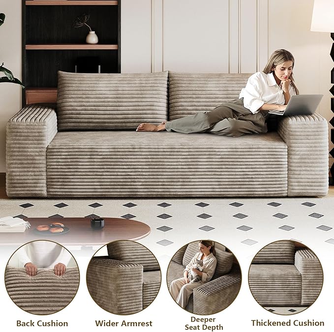 71" Boneless Loveseat Sofa - Cloud Couch with Memory Foam, Comfy Deep Seat - Corduroy Floor Sofa, No Assembly Required - Small Space Friendly for Living Room, Bedroom, Apartment, Corduroy, Camel