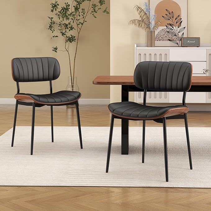 Mid Century Modern Dining Chairs Set of 6,Upholstered Faux Leather Kitchen Chairs with Walnut Bentwood Back and Metal Legs for Kitchen Dining Room Living Room, Black