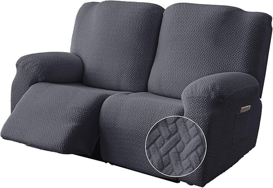 Genina Recliner Loveseat Covers, Stretch Reclining Sofa Covers, 2 Seater Couch Cushion Stripe Jacquard Recliner Slipcovers - Furniture Protector Covers for Pet Kid (Dark Gray)