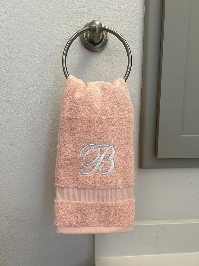 Pink Monogrammed Hand Towels for Bathroom - Luxury Hotel Quality Personalized Initial Embroidered Towel for Powder Room, Spa - GOTS Organic Certified - Set of 2 White Letter P