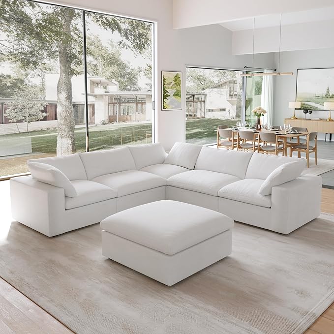 JACH V Shape Cloud Couches for Living Room, Modular Convertible Sectional Sofa Couch, Couch Cushion Covers Removable, Cloud Sofas with Chaise Ottoman for Party Living Room, Bedroom, Apartment (White)