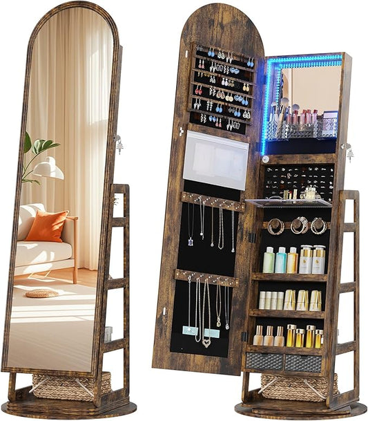 HWB LED Mirror Jewelry Cabinet, 360° Swivel Jewelry Organizer Standing, Arched Wide Full-Length Mirror with Storage Shelves, Interior Mirror, Wood Jewelry Armoire for Lady Girls, Brown