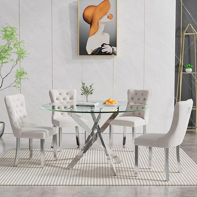 Goujxcy 5 Piece Round Glass Dining Table Set for 4, 47" Round Dining Table & Chair Set Modern Circle Glass Kitchen Table and 4 Velvet Upholstered Chairs for Kitchen Dining (Silver Table & Beige Chair)