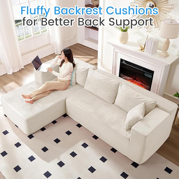 PUREMIND 106" White Cloud Sectional Couch Sectional Couches for Living Room, Corduroy L Shape Sofa with Deep Seat, Modular Boneless Foam Couch Corner Couches No Assembly Required