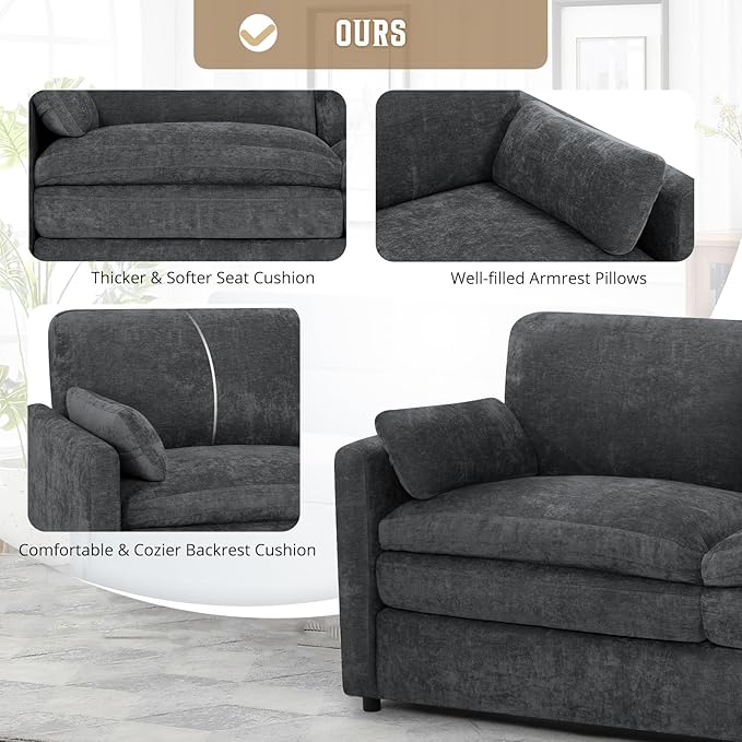 89" Chenille Soft Sofa w/Well-Filled Backrests, Modern Couch w/Plump Pillows, 3 Seater Upholstered Couch w/Thick & Comfy Cushions for Living Room, Bedroom, Grey