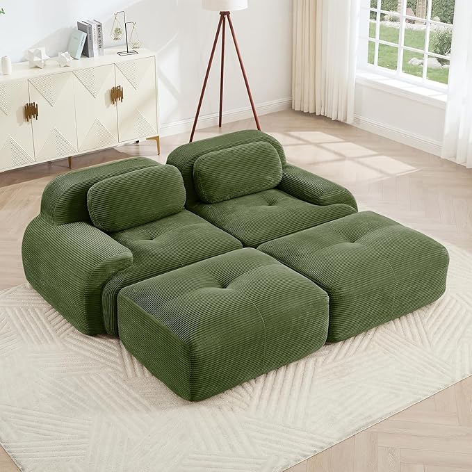 Green Ottoman for Modular Sectional Sofa, Corduroy Deep Seat for Oversized Compressed Boneless Sectional Couches for Living Room Bedroom Apartment, Cloud Sofa Couch Set, Memory Foam, No Assembly