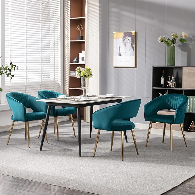 Modern Velvet Dining Chairs Set of 2, Upholstered Gold Dining Chairs with Hollow Back, Dining Room Chairs with Gold Legs, Accent Armrest Kitchen Chairs for Living Room Reception Teal Blue