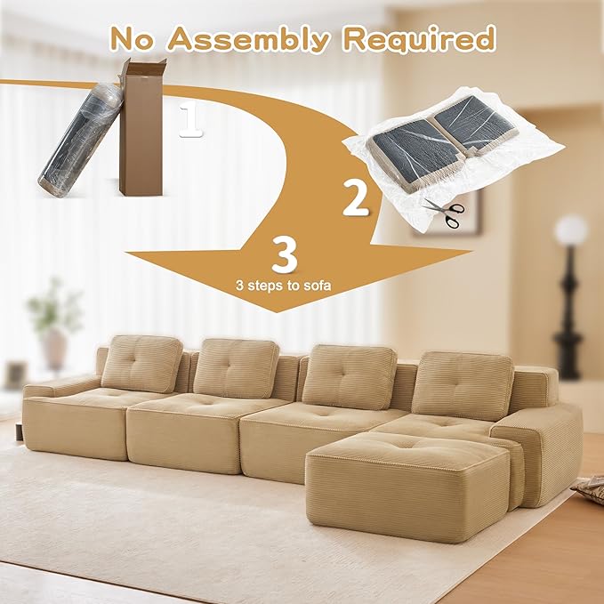 150.4'' Sectional Sofa, 32D Foam Corduroy Boneless Couch with Pillow, Deep Seat Wide Arm Sectional L Shaped Couch for Living Room, Apartment, Bedroom