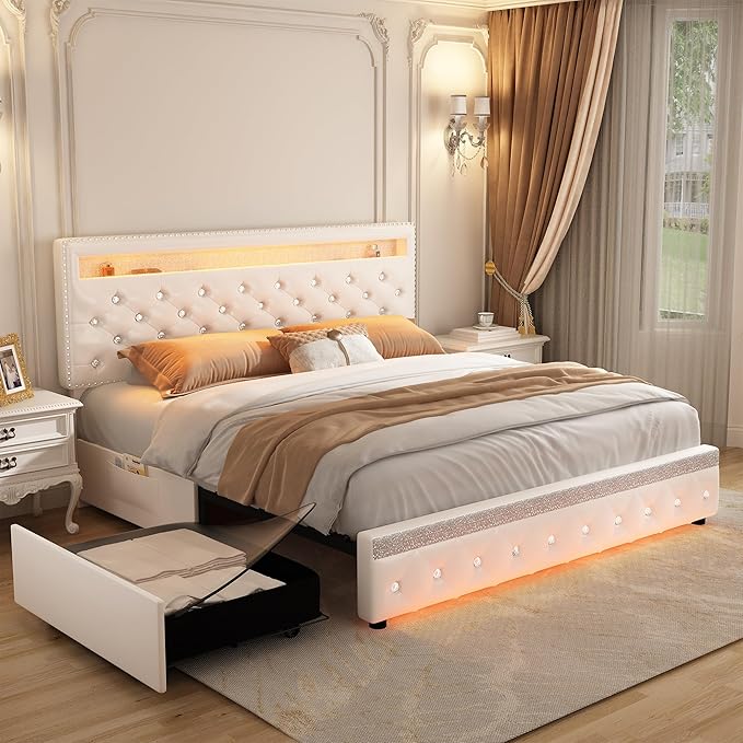 Queen Led Bed Frame with 2 Drawers, Modern Metal Platform Bed Frames Queen Size with Storage, Adjustable Height Crystal Button Tufted Headboard, No Box Spring Needed, Easy Assembly, PU White