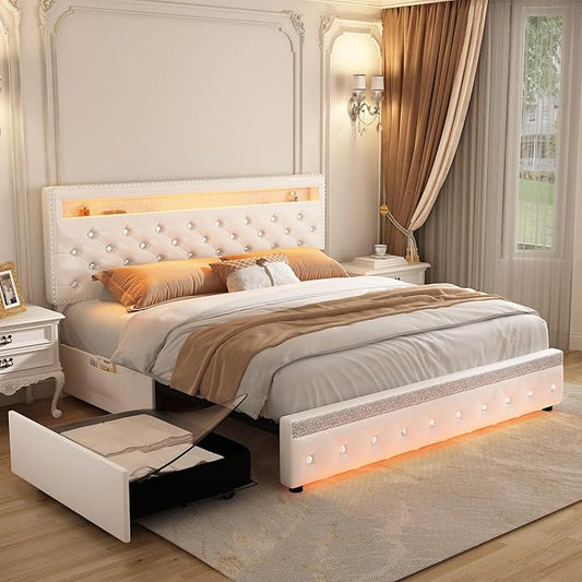 King Led Bed Frame with 2 Drawers, Heavy King Size Platform Bed Frame with Storage, Upholstered Bed Frames with Adjustable Headboard, Noise Free, Easy Assembly, No Box Spring Needed, PU White