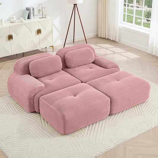 80" Modern Corduroy Boneless Love Seat Couches with 2 Ottomans, 2 Seater Large Sectional Couches for Living Room, Pink Cloud Modular Sectional Sofa, Memory Foam, Extra Deep Loveseat, No Assembly
