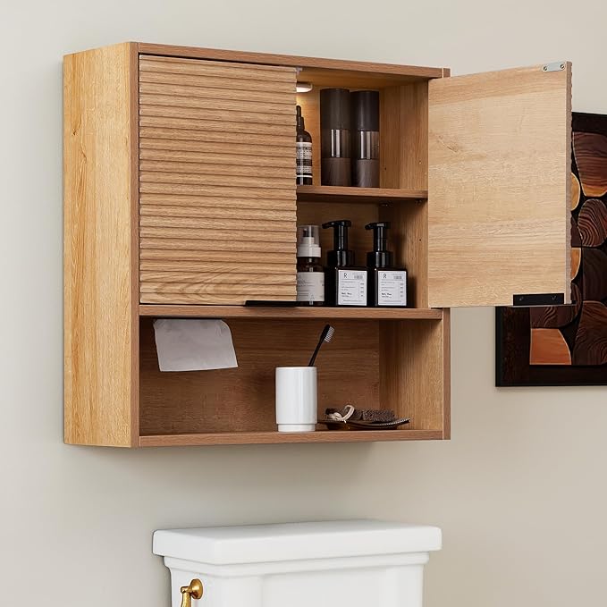 Bathroom Storage Cabinet with Motion Sensor LED Light, Wooden Medicine Cabinet Wall Mounted Cupboard with Disposable Face Towels Hole, Over Toilet Storage Cabinet and Adjustable Shelf (Oak)