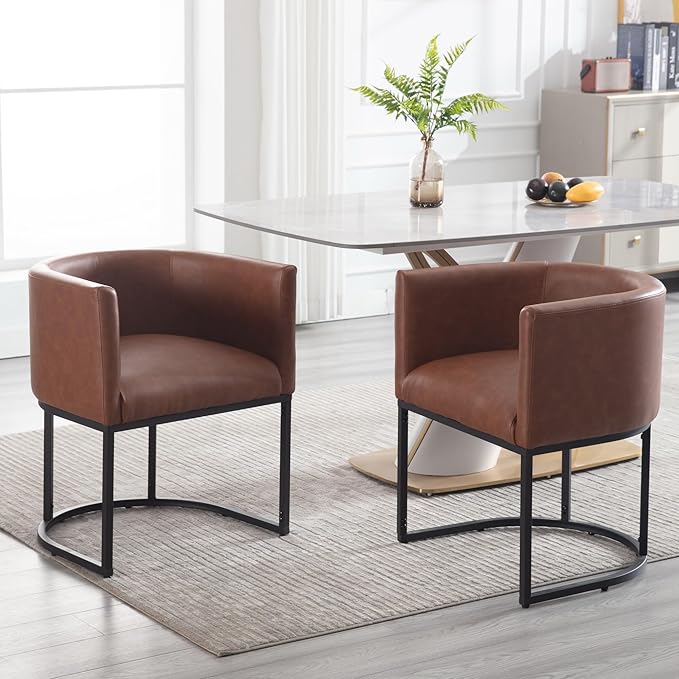 Faux Leather Dining Chairs Set of 2 Modern Barrel Arm Chairs with Black Metal Frame, Upholstered Kitchen Chairs 18.5" Wide Accent Chairs for Living Room Dining Room Restaurant, Brown