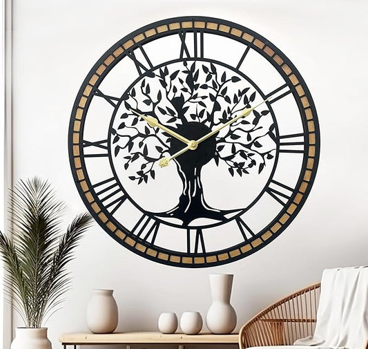 Large Wall Clock for Living Room Decor 18 Inch Tree of Life Metal Wall Art - Oversized Non-Ticking Battery Operated Silent Clock for Kitchen/Bedroom Home Decor