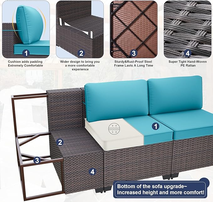 Kurapika 13 Pieces Patio Furniture Set, Rattan Wicker Outdoor Conversation Sets w/43in Propane Fire Pit Table, Swivel Rocking Chairs Patio Sectional Sofa w/4 Inch Cushion, Blue