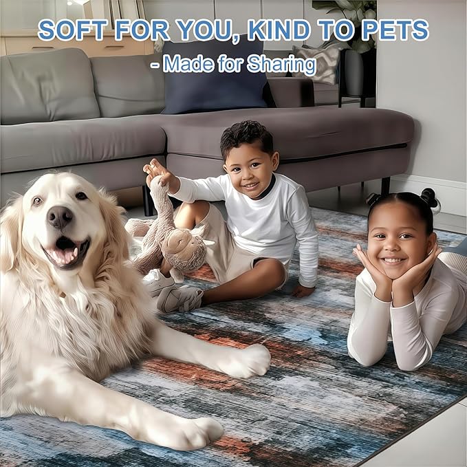 WILLSUN Washable Area Rugs, 4x6 Non-Slip Boho Large Area Rugs for Living Room, Bedroom, Machine Washable Vintage Rug, Indoor Floral Print Carpet for Home Decor, Kid & Pet Friendly Mat