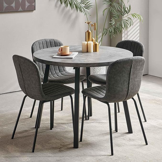 5-Piece Round Table Set for 4, 37.4" Grey Round Table with Hooks, Solid MDF Tabletop, Industrial Kitchen Table with Dark Grey PU Dining Chairs for Living Room, Dining Room