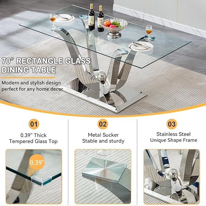 70" Modern Silver Glass Dining Table Set for 4, 5-Piece Rectangle Kitchen Dining Room Table Set with Steel Base & 4 Beige Velvet Upholstered Chairs, Modern Glass Kitchen Table and Chairs Set of 4