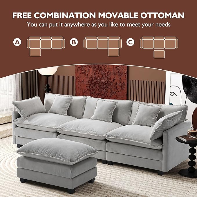 Ihanherry 111.4" L Shaped Modern Sofa Modular Sectional Cloud Couch with Ottoman, 4-Seat Chenille Deep Seat Sofa with Pillow for Living Room, Bedroom and Apartment, Grey