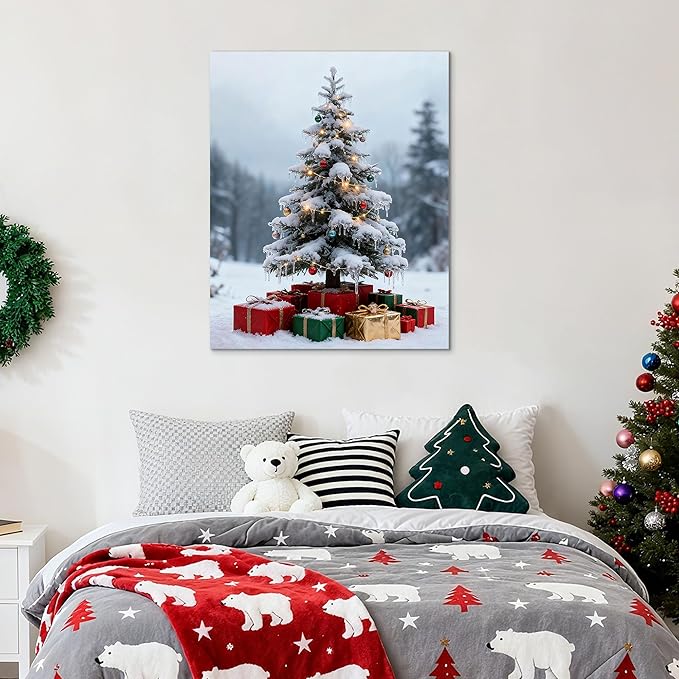 Framed Christmas Pictures Wall Decor,Vintage Pine Tree Prints,Winter Christmas Canvas Wall Art Decoration for Bedroom Bathroom Living Room Rustic Xmas Holiday Gifts (Christmas Tree 11, 11'' X 14'')