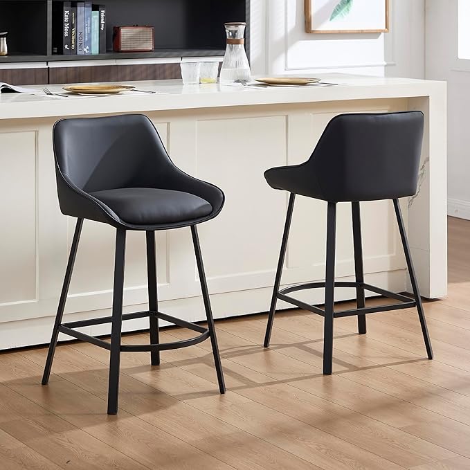 26" Modern Bar Stools Set of 2, Faux Leather Upholstered Bar Stools, Counter Height Bar Chairs with Back for Kitchen, Dining Room, Cafe, Bar - Black