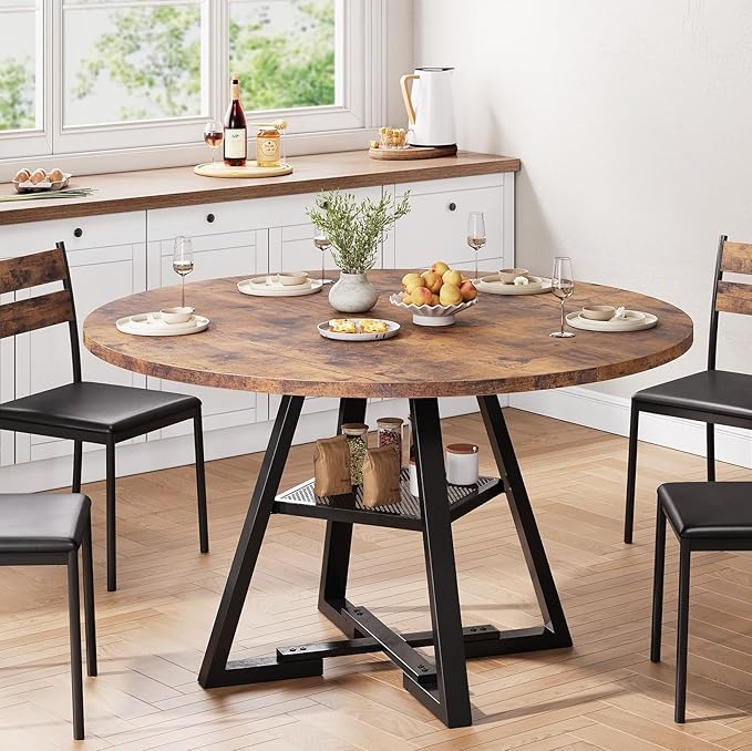 Round Dining Table for 4,Kitchen Dining Room Circle Dinner Pedestal Table,Space Saving Wood Kitchen & Dining Room Furniture (Vintage, 47In)