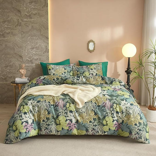 EAVD Green Leaves Botanical Comforter Set Soft Fluffy Microfiber Tropical Leaf Bedding Set with 2 Pillowcases Reversible Plant Leaves Comforter Set for All-Season