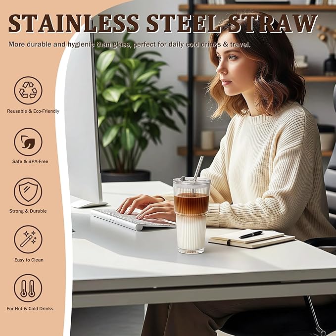 6 Packs Ribbed Glass Tumbler with Lid and Straw 16 oz Cute Ice Coffee Cup Set Bulk Vasos de Vidrio Con Tazas Para Cafe Cocina Accesorios Home Bar Accessories New Slushie House Gift Kitchen Stuff