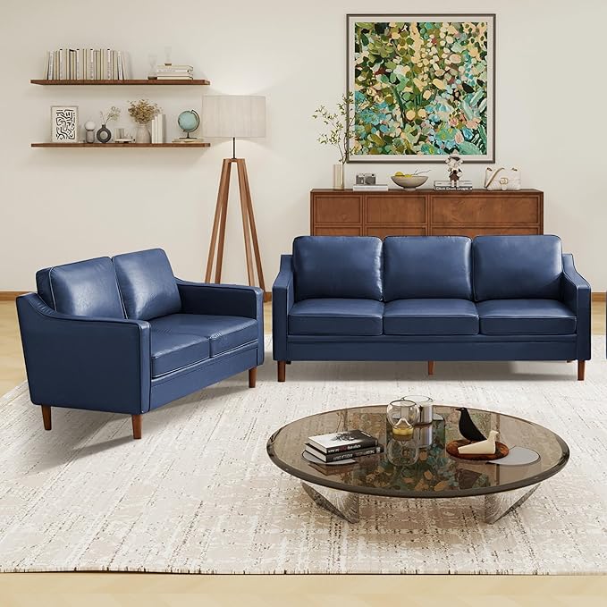 Kingfun Living Room Furniture Sets, 3 Seater Couch and Loveseat, Mid Century Modern Sofa Set, Faux Leather Couch with Solid Wood Frame for Living Room & Bedroom, Royal Blue