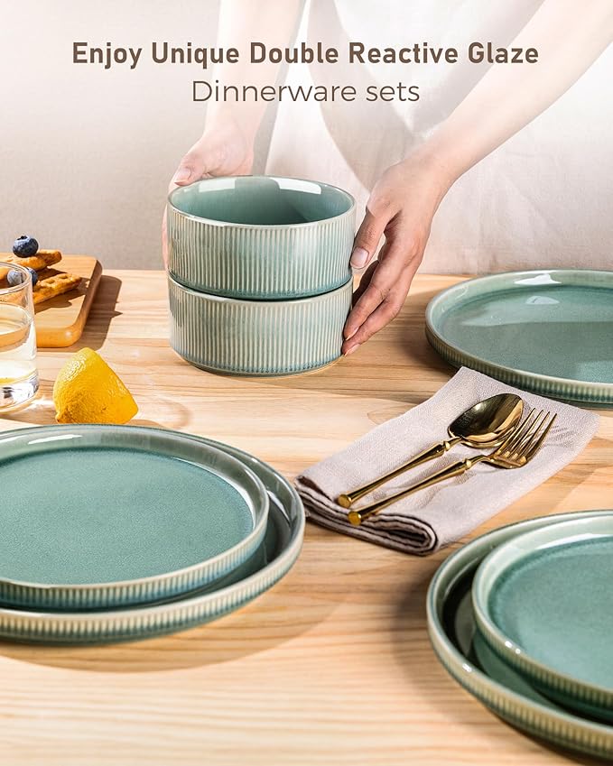 GBHOME Stoneware Dinnerware Sets for 4,Round Reactive Glaze Ceramic Plates and Bowls Set,Highly Scratch Resistant | Dishwasher & Microwave Safe Dishes Set,Service for 4(12Pcs),Malachite Green