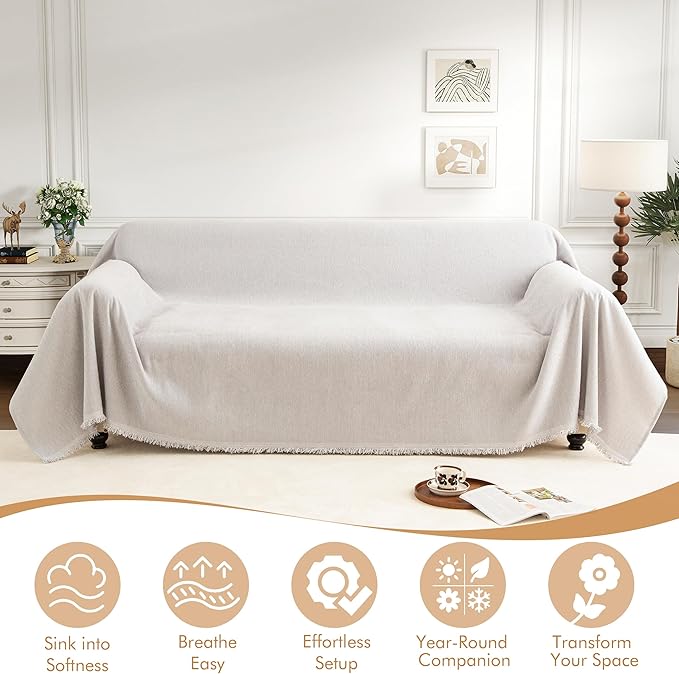 Couch Cover for 3-4 Cushion Couch Sofa Pet Friendly, Chenille Sectional L Shaped Sofa Cover Washable for Dogs Cats Kids, Furniture Protector Slipcover Decor for Living Room, 91"x150"