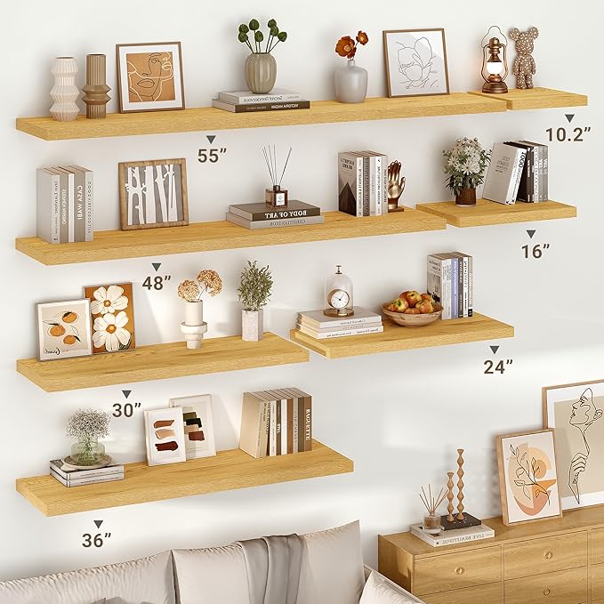 Vivelove 10" Deep Floating Shelves with Invisible Brackets, 30" Wall Shelves for Bathroom Bedroom Kitchen Living Room Laundry Room, Modern Rustic Shelves for Home Decor, 30"x10.2"x1.5", Set of 2, Oak