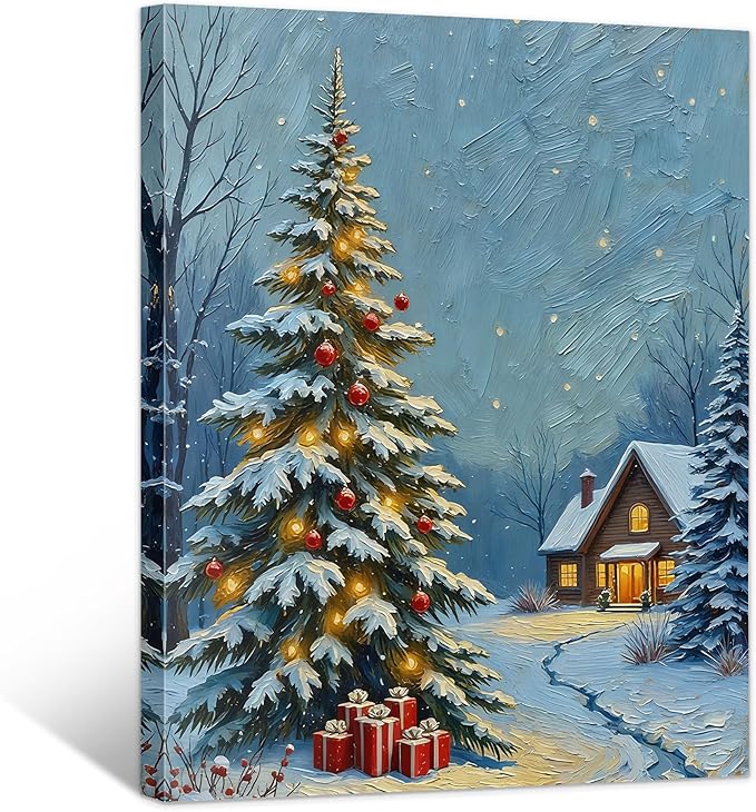 Framed Christmas Pictures Wall Decor,Vintage Pine Tree Prints,Winter Christmas Canvas Wall Art Decoration for Bedroom Bathroom Living Room Rustic Xmas Holiday Gifts (Christmas Tree 20, 24'' X 36'')