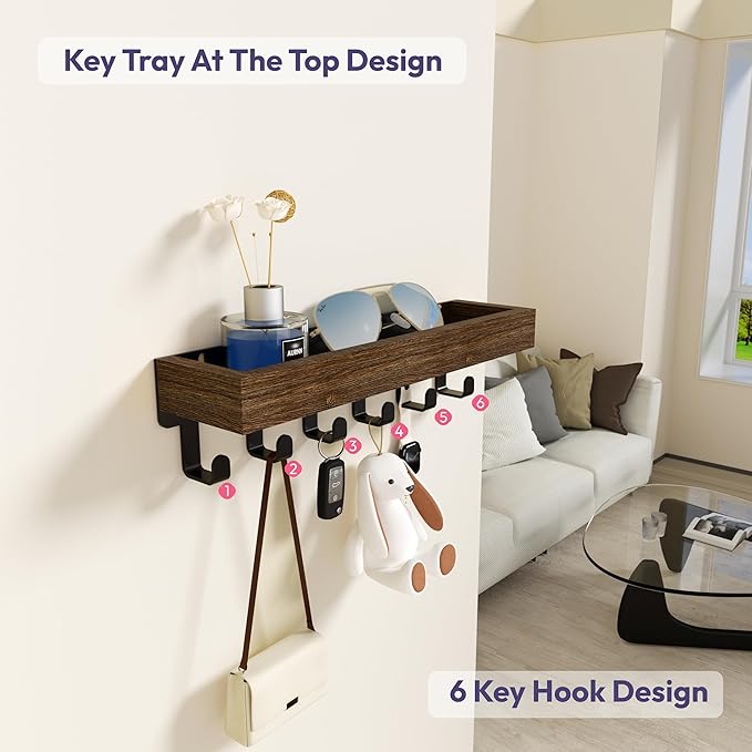 SWTYMIKI Key Holder Wall Mount - Wooden Key Hooks for Wall with Mail Organizer & 6 Hooks, 2 Installation Ways Key Hanger, Key Rack with Shelf for Entryway Living Room Bedroom Office Home Decor Brown