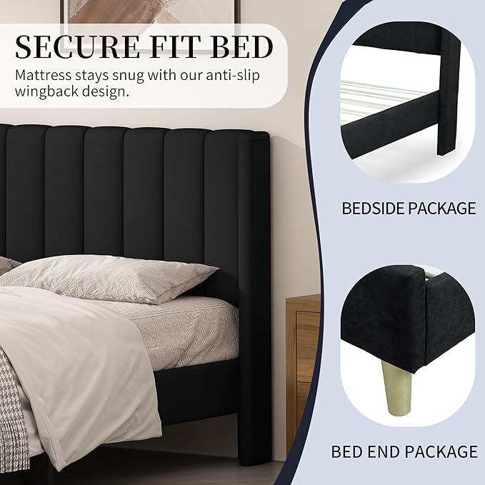 Twin Size Upholstered Platform Bed Frame with Modern Wingback & Vertical Panel Headboard, Linen Fabric, Wooden Legs & Slats Support, No Box Spring Needed, Noise-Free & Easy Assembly, Black