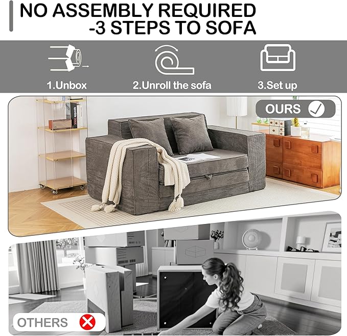 HOMREST 63" Convertible Memory Foam Loveseat Sofa, Pull Out Sleeper Sofa Bed, 2 in 1 Folding Couch Bed, Fold Out Floor Couch Corduroy Fabric with 2 Pillows for Living Room Bedroom Lounge (Grey)